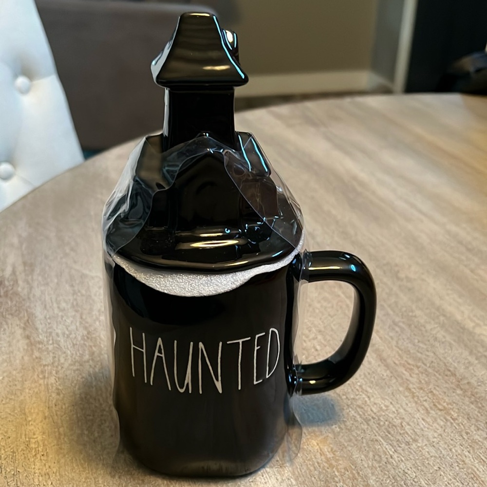 New Rae Dunn “Haunted” mug and topper set Solid Black w/ signature Rae Dunn Logo